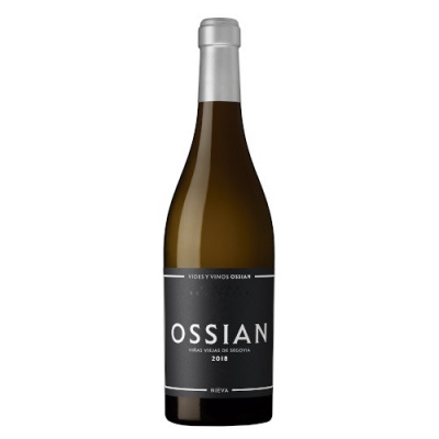 Garrafa de vinho branco OSSIAN com rótulo preto e tampa prateada