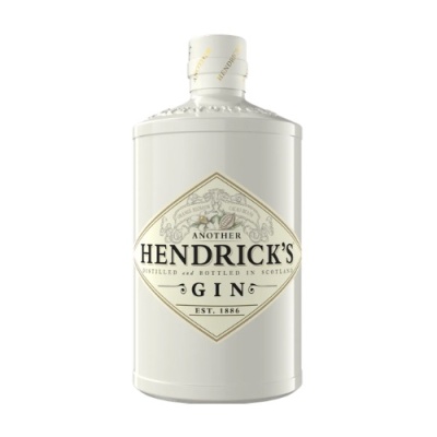 Garrafa de gin Hendricks branca com rótulo diamantado e tampa branca