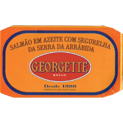 Rótulo laranja de conserva de salmão em azeite da marca Georgette.
