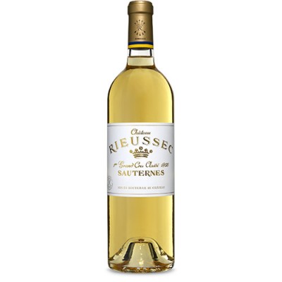 Garrafa de vinho Château RIEUSSEC Sauternes com rótulo branco e dourado