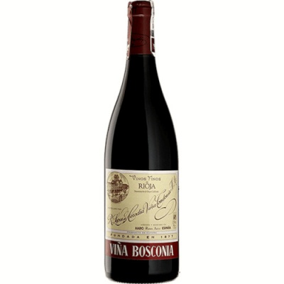 Garrafa de vinho tinto Rioja Viña Bosconia com rótulo creme e vermelho