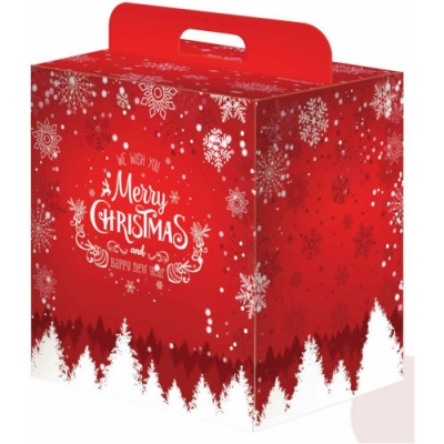 Caixa de presente vermelha com flocos de neve brancos e texto de Natal em inglês.