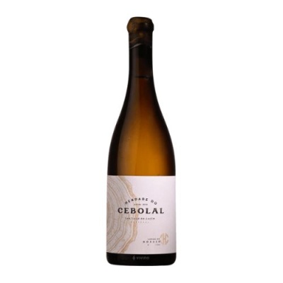 Garrafa de vinho branco Cebolal com rótulo branco e detalhes abstratos em bege