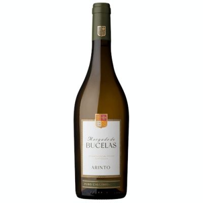 Garrafa de vinho branco Morgado de Bucelas Arinto com rótulo branco e cápsula verde