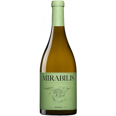 Garrafa de vinho branco Mirabilis com rótulo verde e texto em preto