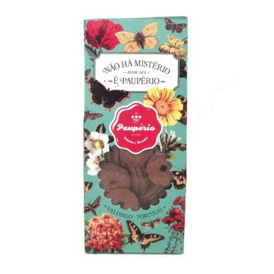 Embalagem de biscoitos com estampa floral e texto em português