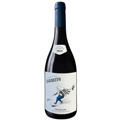 Garrafa de vinho Barbeito Verdelho 2018 com rótulo branco e desenho de figura humana a surfar.