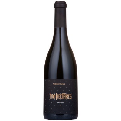 Garrafa de vinho tinto 100 HECTARES com rótulo preto e tampa preta