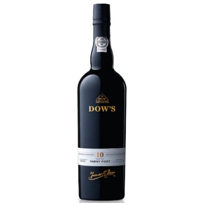 Garrafa de vinho do Porto DOW'S 10 anos com rótulos preto, branco e dourado