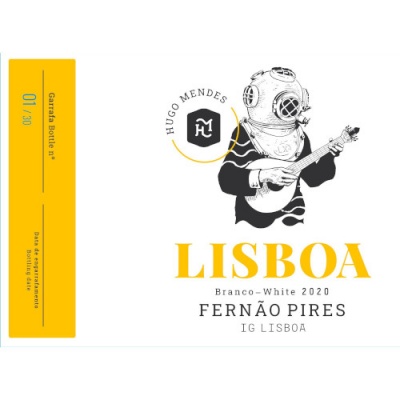 Rótulo de vinho branco Lisboa 2020 com desenho de mergulhador a tocar guitarra e texto detalhado.