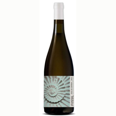 Garrafa de vinho FOSSIL com rótulo de concha fossilizada em vidro verde escuro e tampa branca