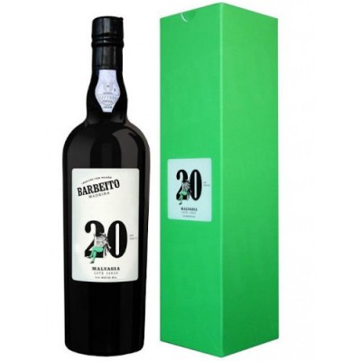 Garrafa de vinho Barbeito 20 anos e respetiva embalagem verde