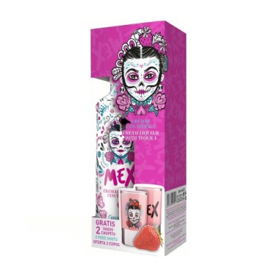 Licor cremoso com tequila embalado numa caixa rosa com ilustração mexicana e oferta de 2 copos