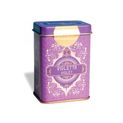 Lata metálica roxa com decoração floral e texto VIOLETTA VIOLET