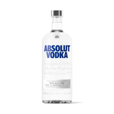 Garrafa de vodka Absolut com rótulo azul e cinzento
