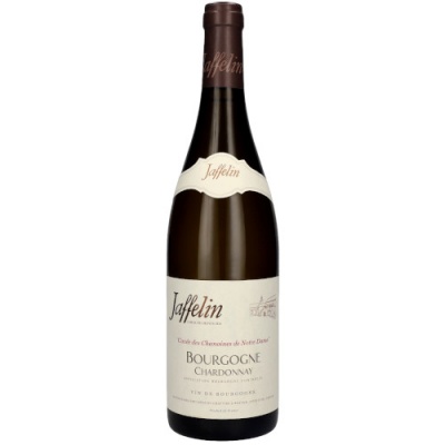 Garrafa de vinho branco Jaffelin Bourgogne Chardonnay com rótulo creme e tampa marrom