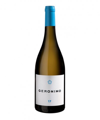 Garrafa de vinho branco Geronimo com rótulo branco e rolha azul