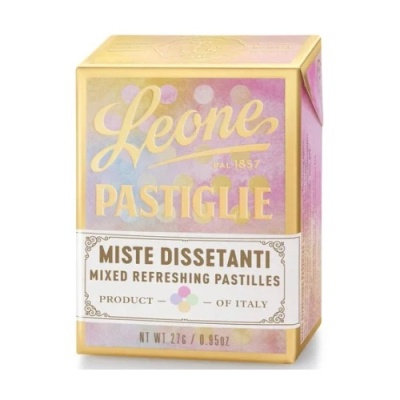 Embalagem de pastilhas Leone Pastiglie dourada e lilás com texto em italiano e inglês