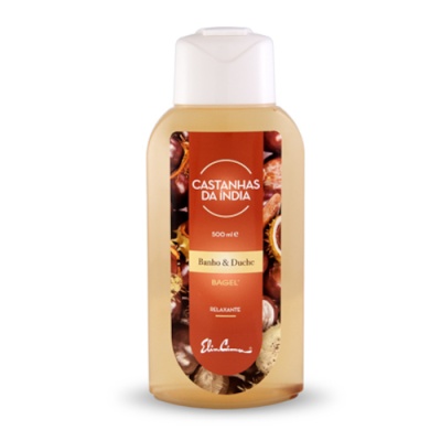 Frasco de banho e duche castanho com rótulo de castanhas-da-índia