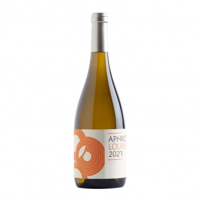 Garrafa de vinho com rótulo branco e design laranja e tampa prateada