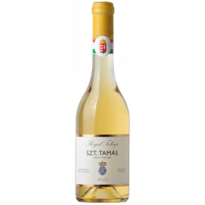 Garrafa de vinho branco Royal Tokaji SZT. TAMÁS com rótulo branco e tampa amarela