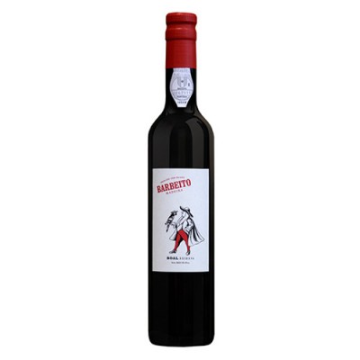 Garrafa de vinho tinto Barbeto com rótulo branco e tampa vermelha