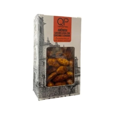 Embalagem retangular com amêndoas caramelizadas e texto em papel branco e ilustração