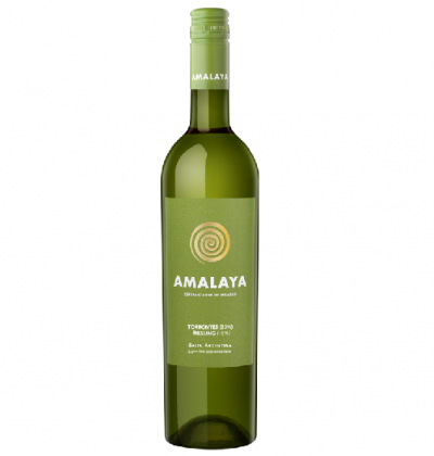 Garrafa de vinho branco Amalaya com rótulo verde e símbolo circular dourado
