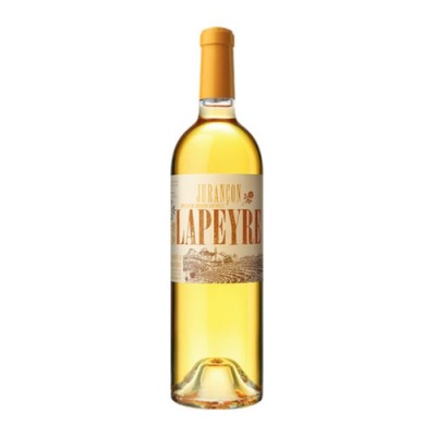 Garrafa de vinho branco Jurançon Lapeyre com rótulo castanho e rolha amarela