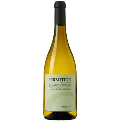 Garrafa de vinho branco com rótulo PERMITIDO e tampa preta
