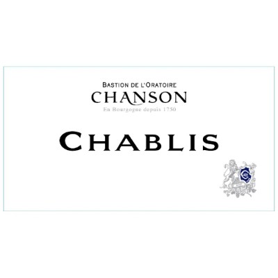 Rótulo de vinho branco Chablis com texto e brasão