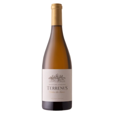 Garrafa de vinho branco Terrenus com rótulo branco e tampa dourada