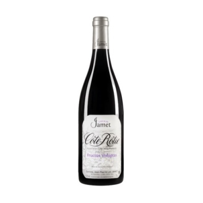 Garrafa de vinho Domaine Jamet Côte Rôtie com rótulo branco e texto em preto e lilás