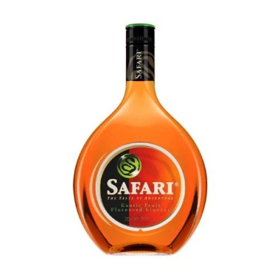 Garrafa de licor Safari em vidro âmbar com etiqueta redonda e tampa preta