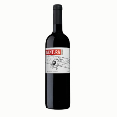 Garrafa de vinho tinto com rótulo branco e vermelho 'AVENTURA', desenho de avião antigo.