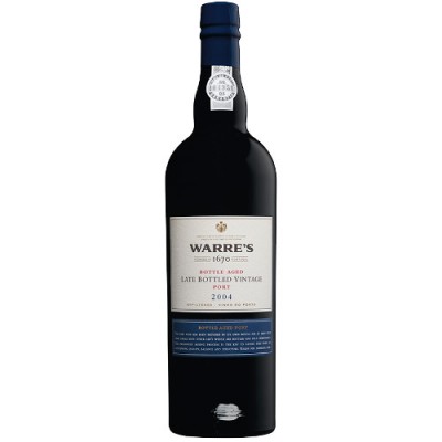 Garrafa de vinho do Porto WARRE'S vintage 2004, vidro escuro com rótulos branco e azul