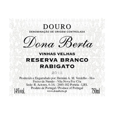 Rótulo de vinho branco Reserva Rabigato Dona Berta com texto em preto e fundo branco