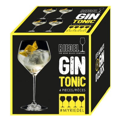 Caixa de 4 copos de gin tónico Riedel com design preto e amarelo