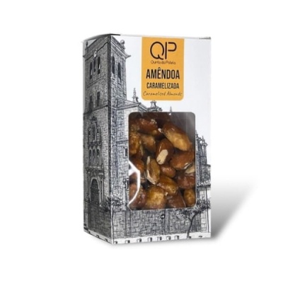 Embalagem de amêndoas caramelizadas com rótulo amarelo e ilustração arquitetónica em preto e branco