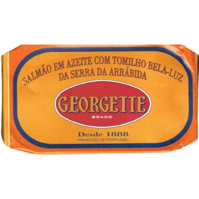 Lata de salmão em azeite Georgette, embalagem laranja com texto em português