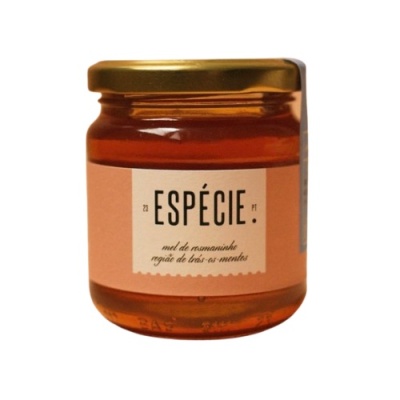 Frasco de mel em vidro com rótulo ESPÉCIE PF.