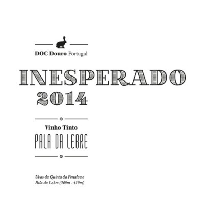 Rótulo de vinho tinto INESPERADO 2014 DOC Douro Portugal com ilustração de lebre preta.