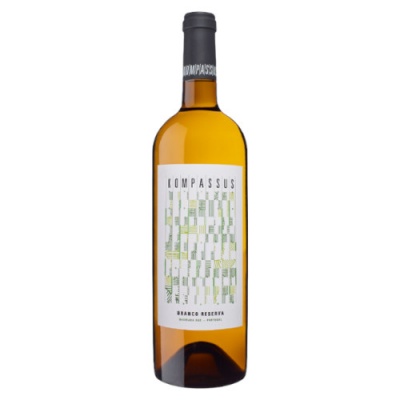 Garrafa de vinho branco Compassus com rótulo branco e padrão verde