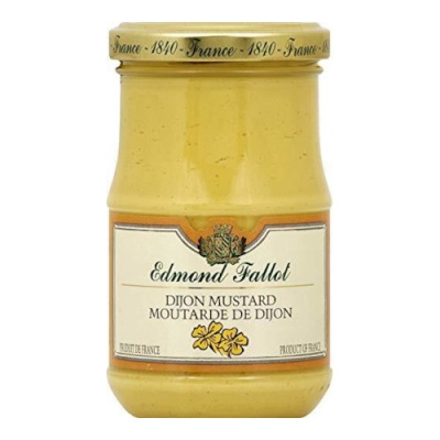 Frasco vidro mostarda Dijon Edmond Fallot com etiqueta branca e tampa amarela