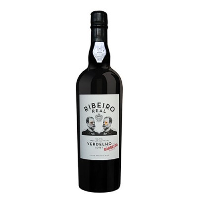 Garrafa de vinho tinto Ribeiro Real com rótulo branco e ilustração de dois homens