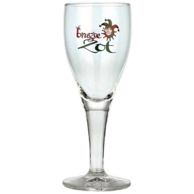 taça de vidro transparente com texto Brugse Zot e desenho de bobo da corte