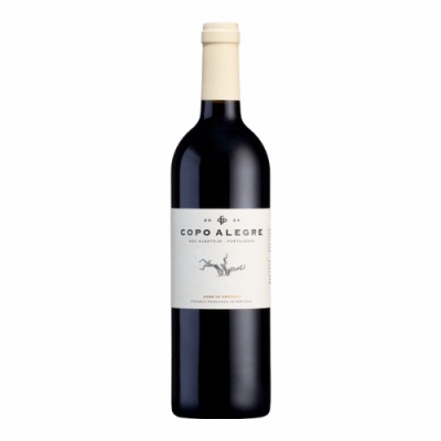 Garrafa de vinho tinto Copa Alegre com rótulo branco e tampa creme