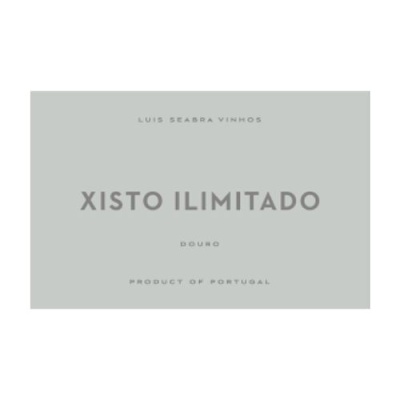 Etiqueta de vinho Xisto Ilimitado com texto cinzento em fundo cinzento claro.