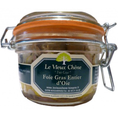 Frasco de Foie Gras com tampa de vidro e borracha laranja e rótulo azul e verde
