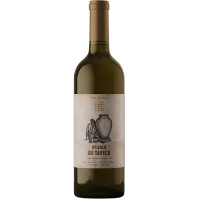 Garrafa de vinho branco com rótulo ilustrado e tampa dourada